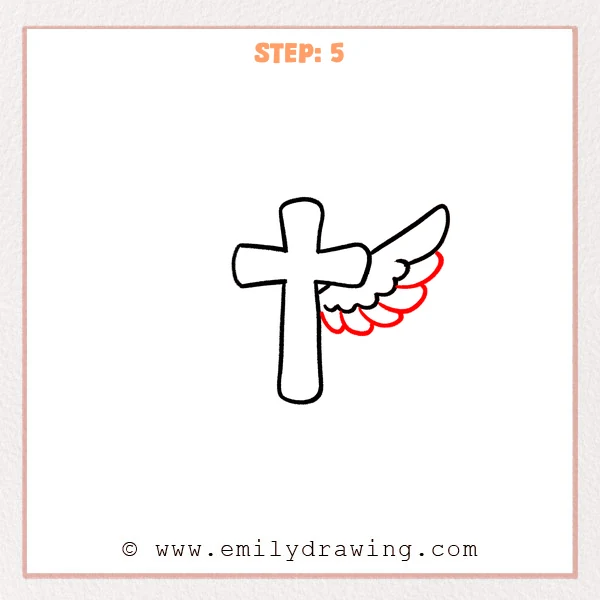 how to draw a cross with wings - A rounded cross with a right wing that now includes a second lower row of scalloped feathers and inner curved feather divisions.